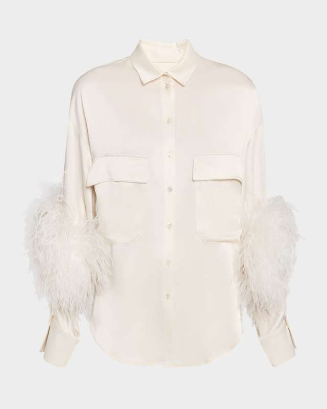 Satin Button-Down Blouse With Feather Tr